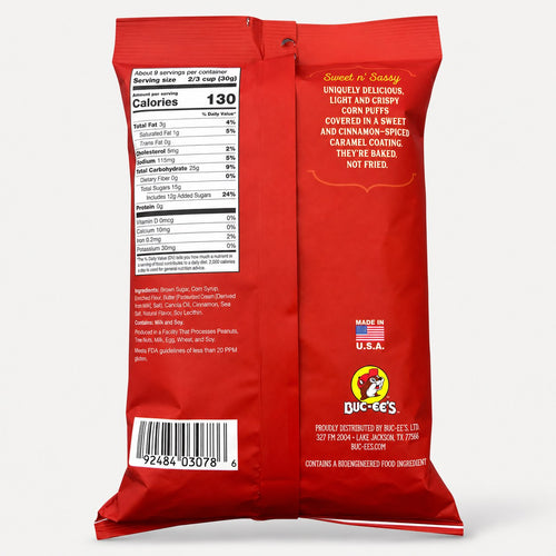 Buc-ee's Beaver Nuggets Cinnamon Sweet 10 oz bag back with nutrition panel