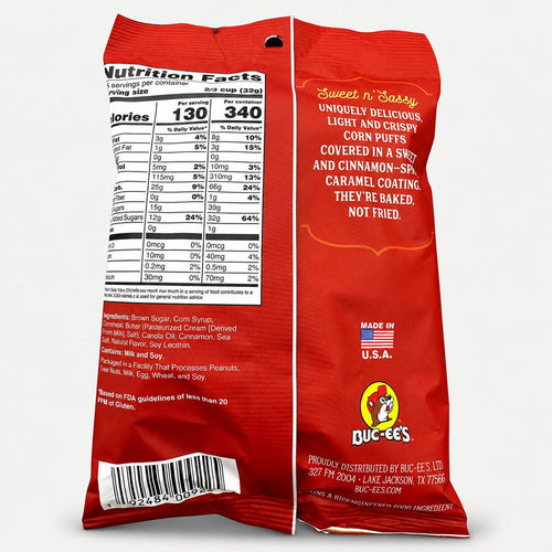 Buc-ee's Beaver Nuggets Sea Salted Caramel 3 oz bag back with nutrition panel