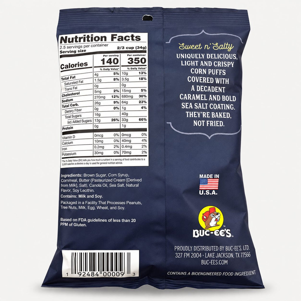 Buc-ee's Beaver Nuggets Sea Salted Caramel 3 oz bag back with nutrition panel