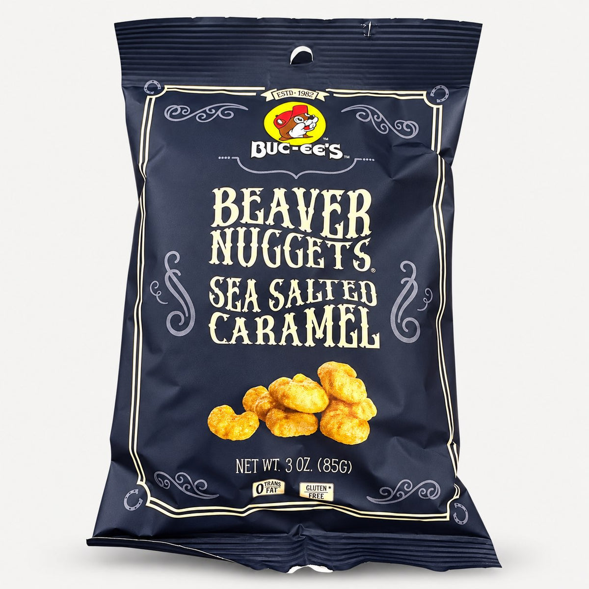Buc-ee's Beaver Nuggets Sea Salted Caramel 3 oz bag front view