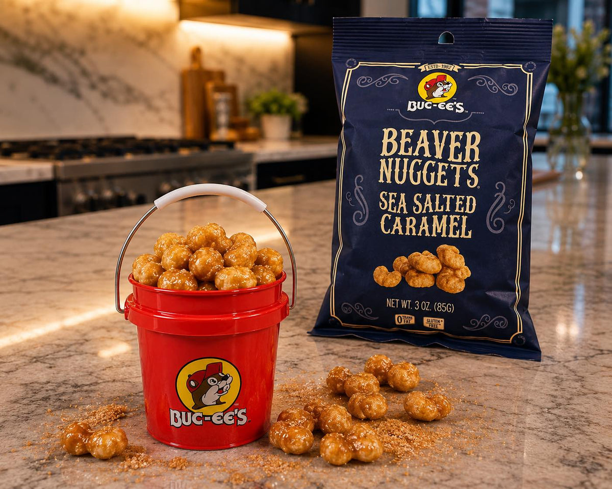 Buc-ee’s Beaver Nuggets Sea Salted Caramel 3 oz bag displayed in a kitchen setting