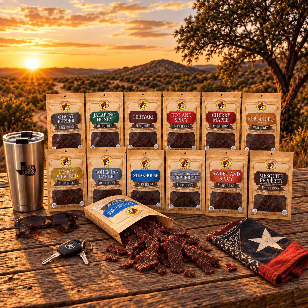 Buc-ee's Beef Jerky flavor lineup group shot displayed on a wooden table in an outdoor setting
