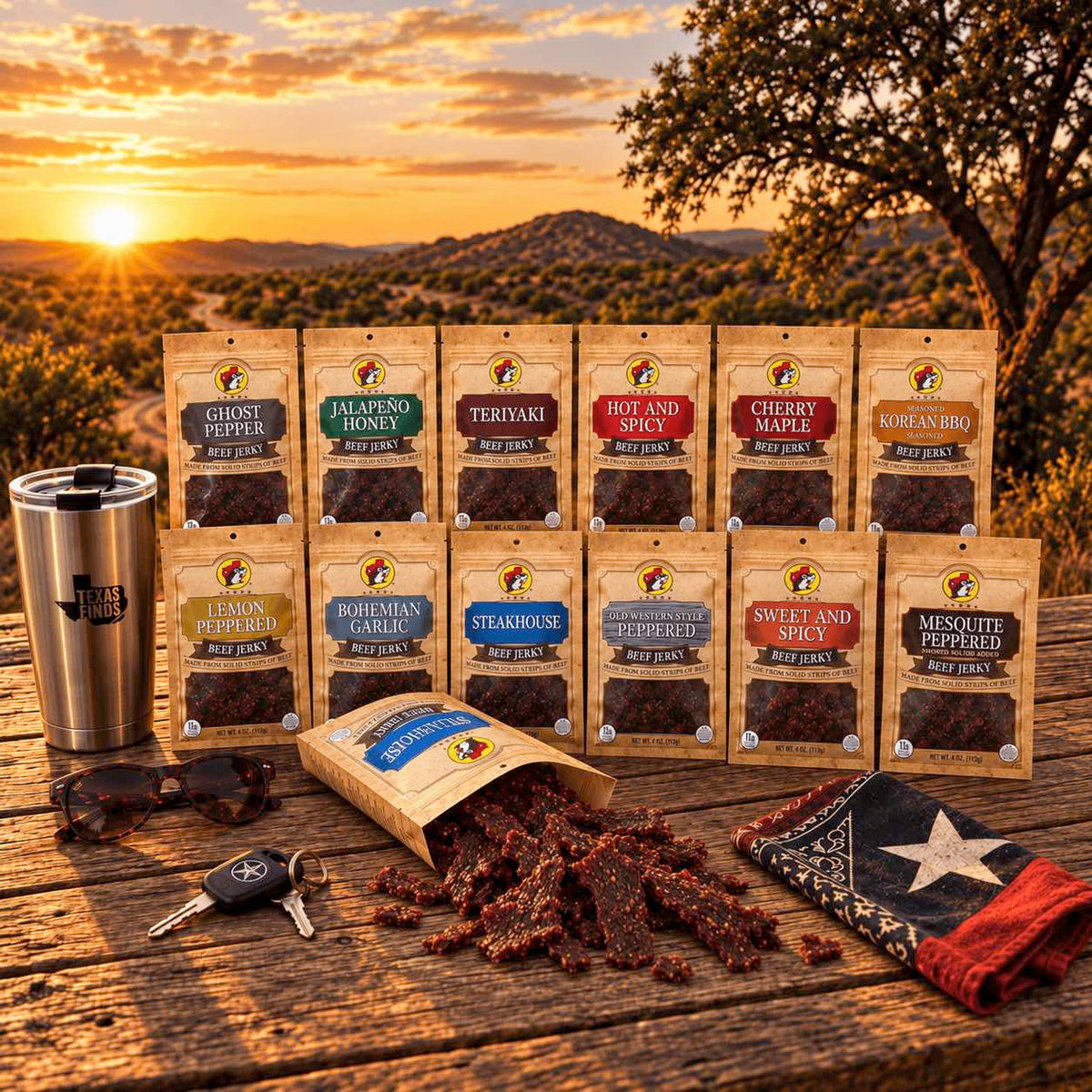 Buc-ee's Beef Jerky flavor lineup group shot displayed on a wooden table in an outdoor setting
