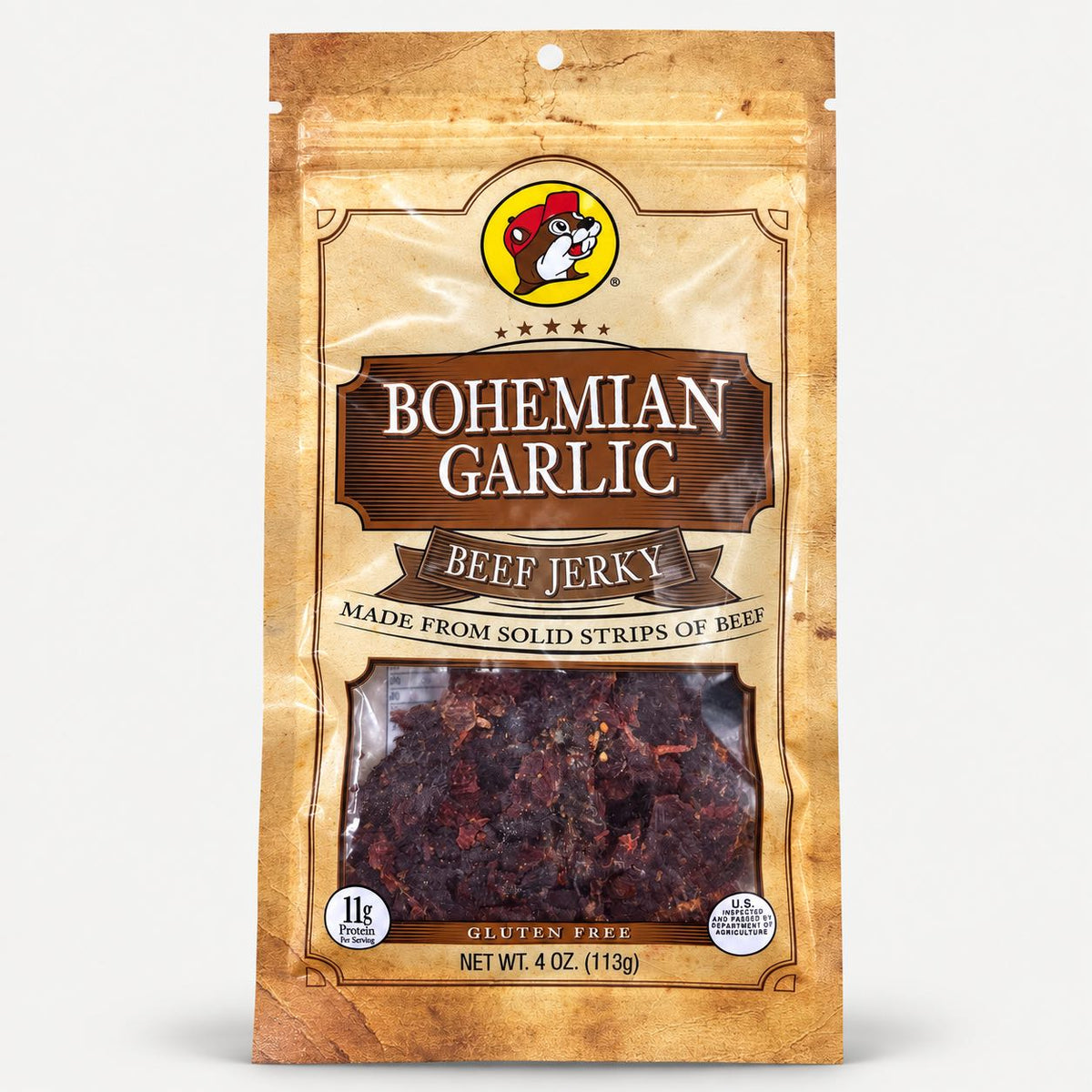 Buc-ee's Beef Jerky Bohemian Garlic 4 oz bag front view