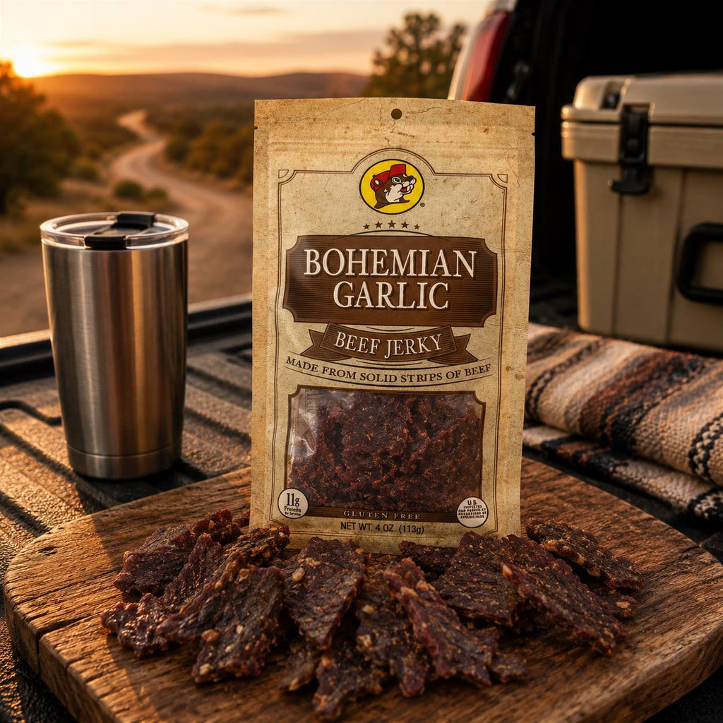 Buc-ee's Beef Jerky Bohemian Garlic 4 oz displayed on a wooden board in an outdoor setting