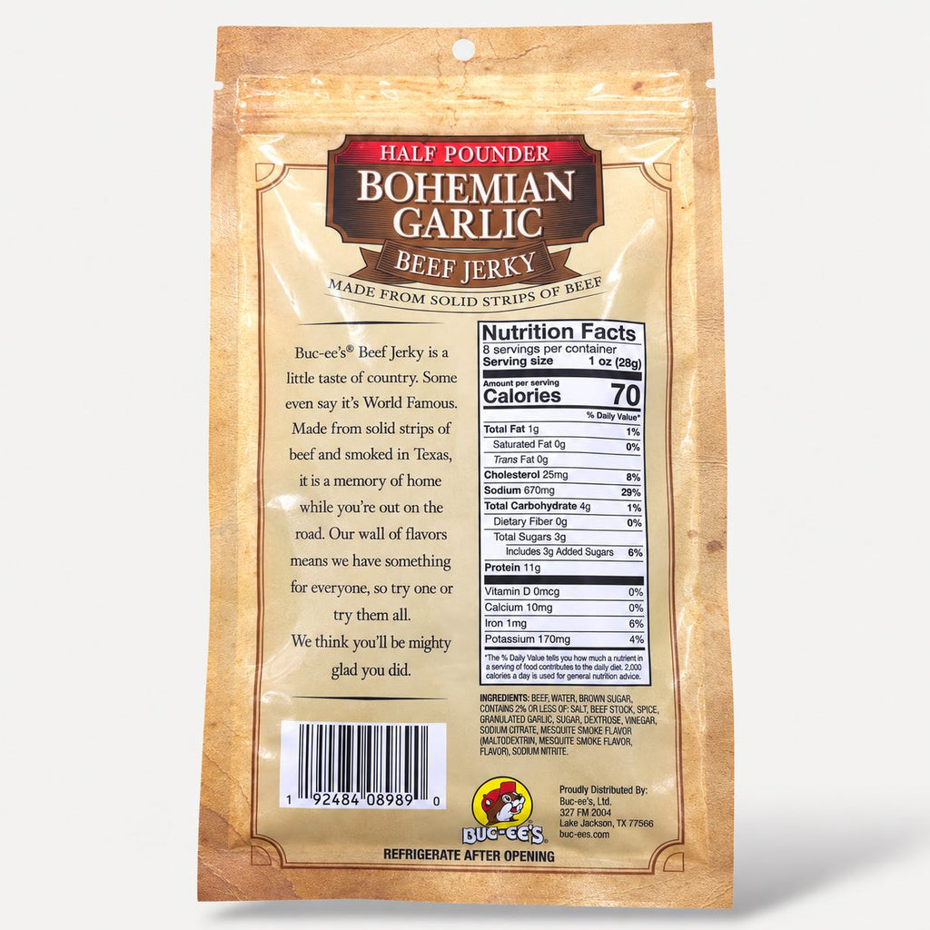 Buc-ee's Beef Jerky Bohemian Garlic 8 oz Half Pounder bag back view