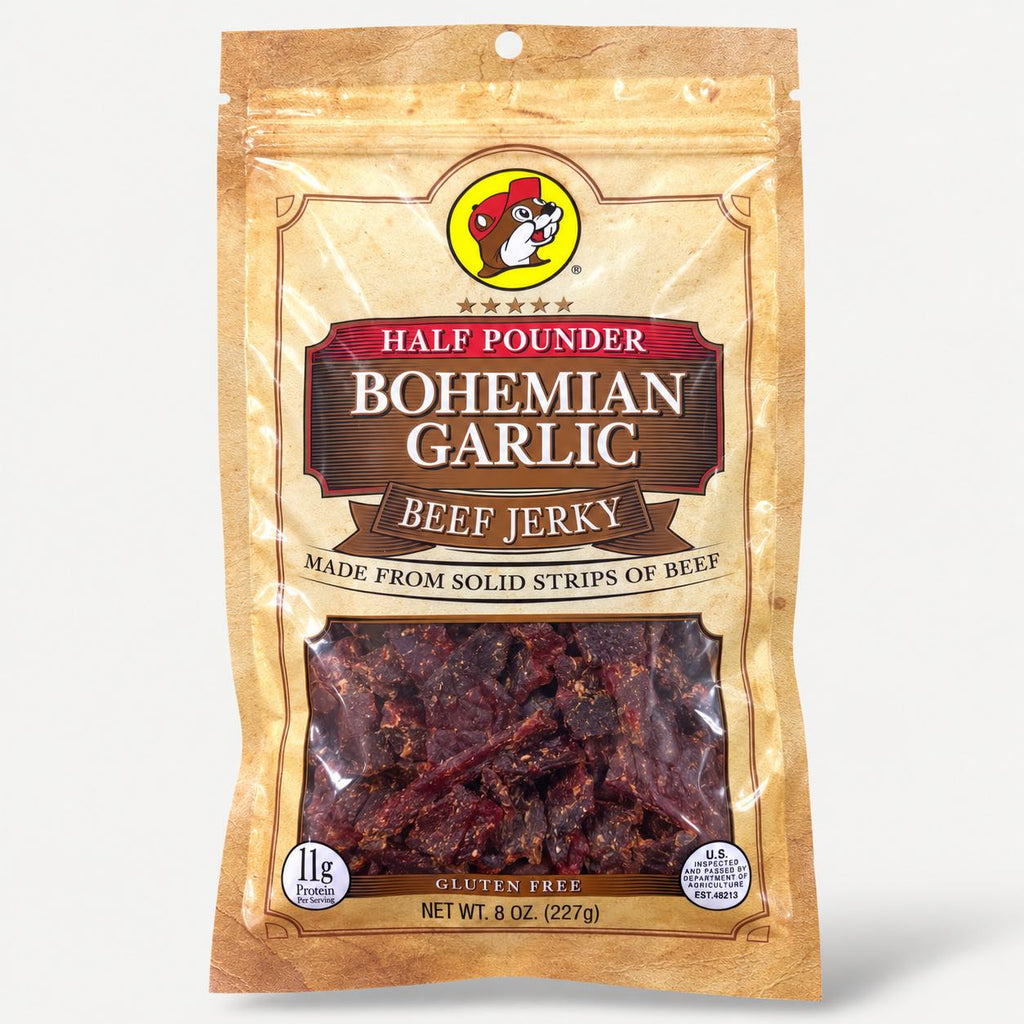 Buc-ee's Beef Jerky Bohemian Garlic 8 oz Half Pounder bag front view