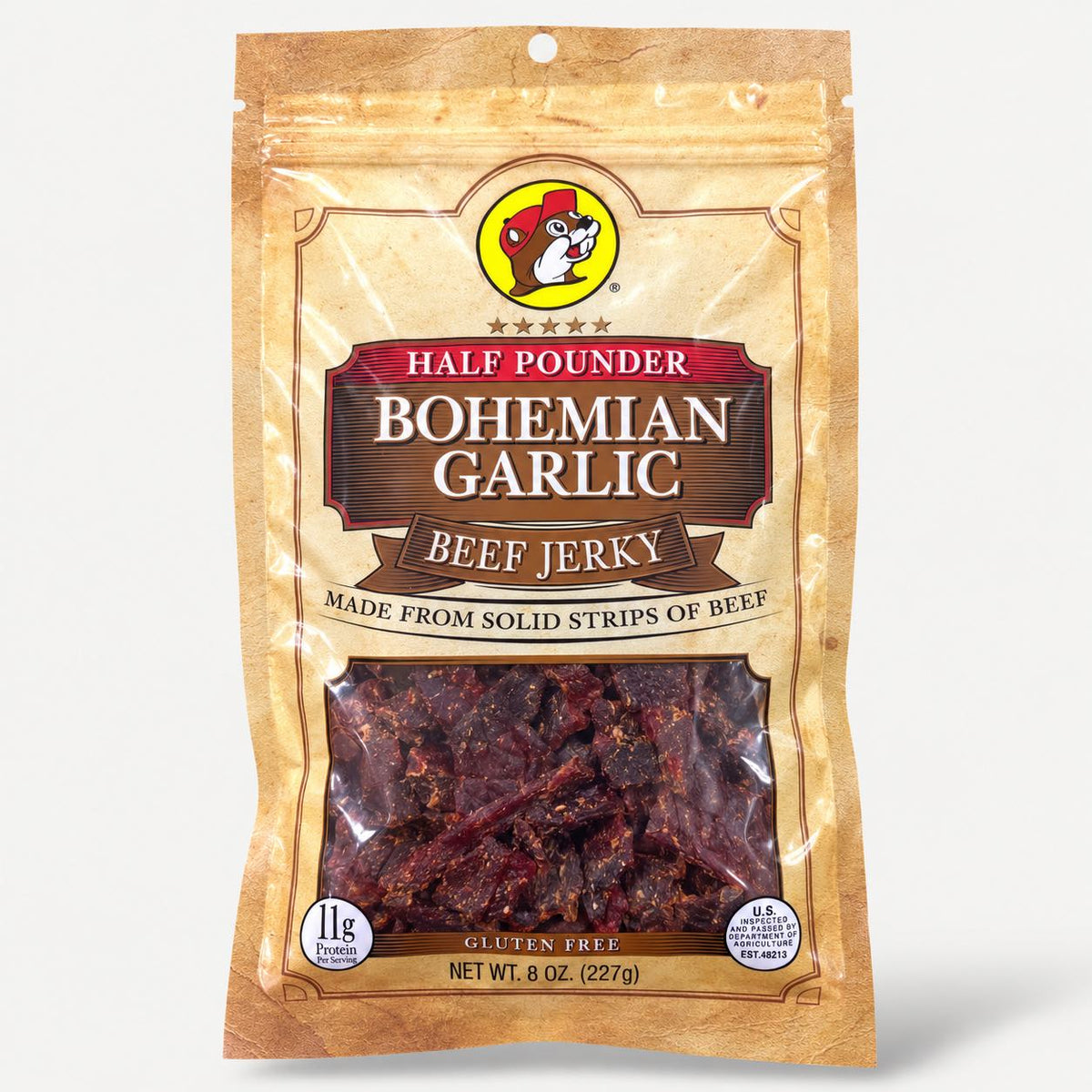 Buc-ee's Beef Jerky Bohemian Garlic 8 oz Half Pounder bag front view