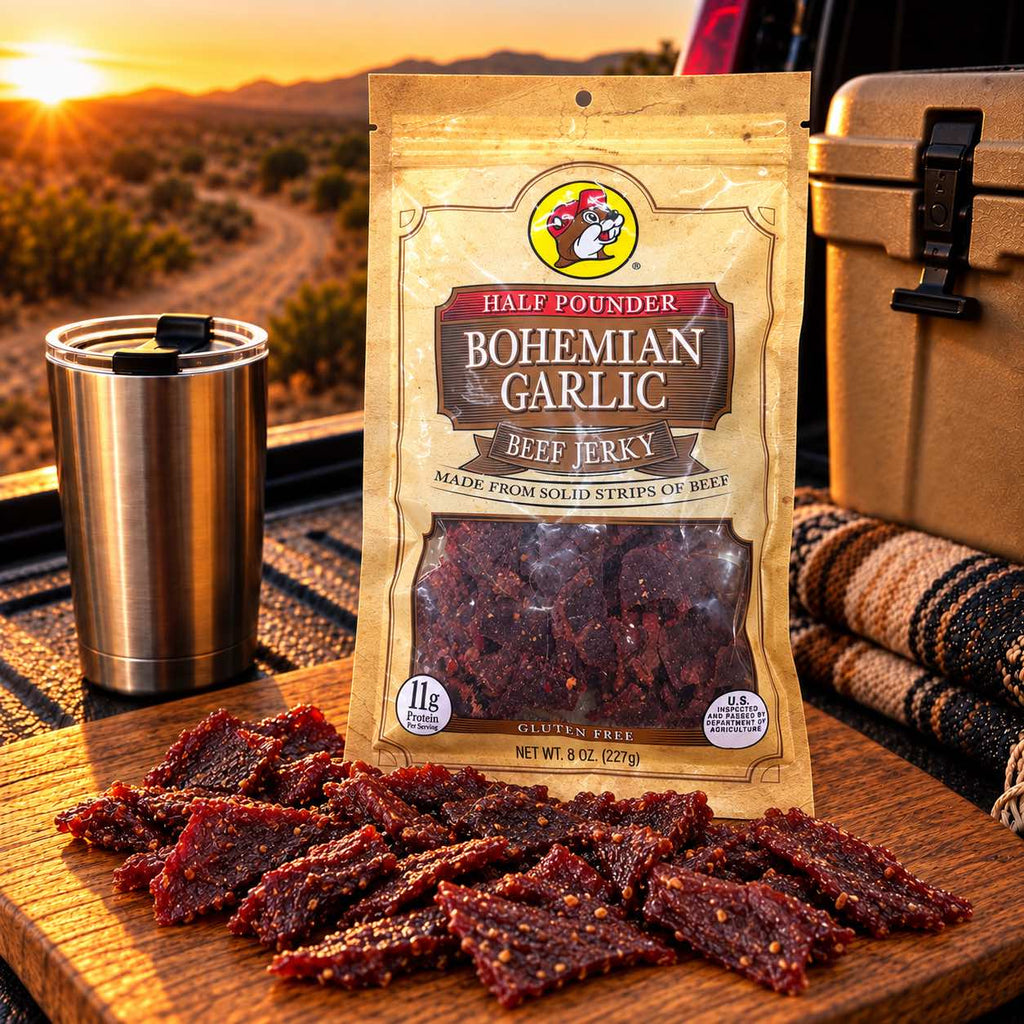 Buc-ee's Beef Jerky Bohemian Garlic 8 oz displayed on a wooden board in an outdoor setting
