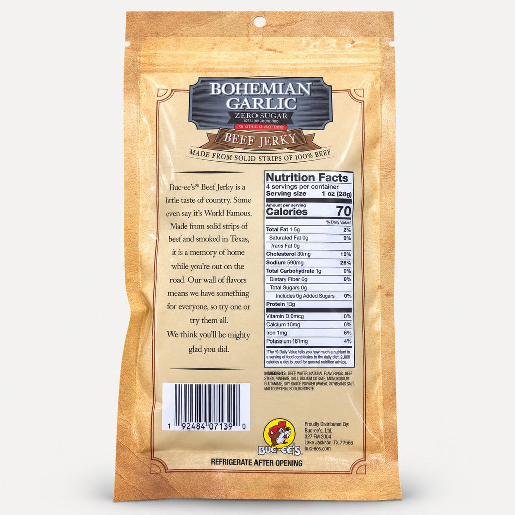 Buc-ee's Beef Jerky Bohemian Garlic Zero Sugar 4 oz bag back with nutrition panel