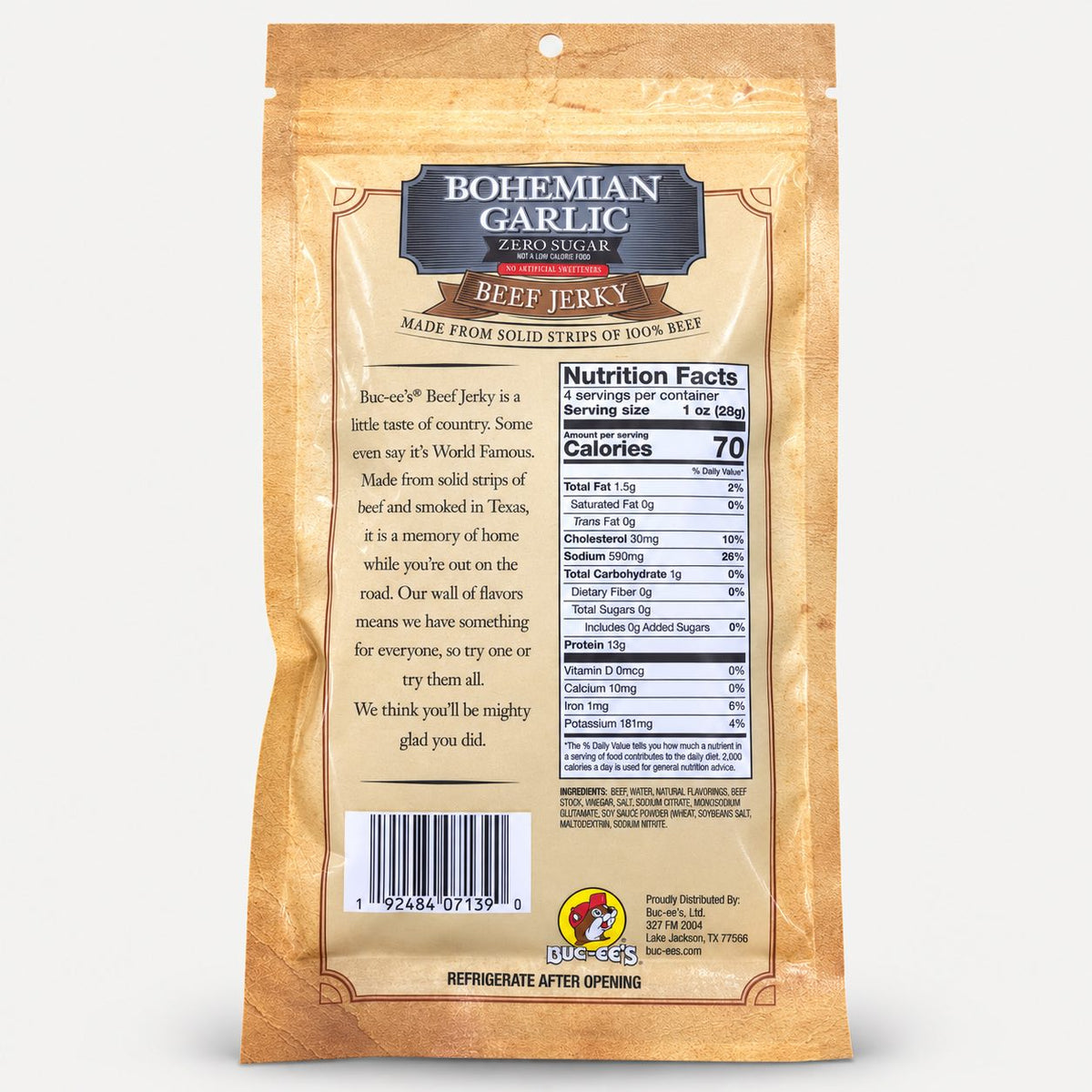 Buc-ee's Beef Jerky Bohemian Garlic Zero Sugar 4 oz bag back with nutrition panel