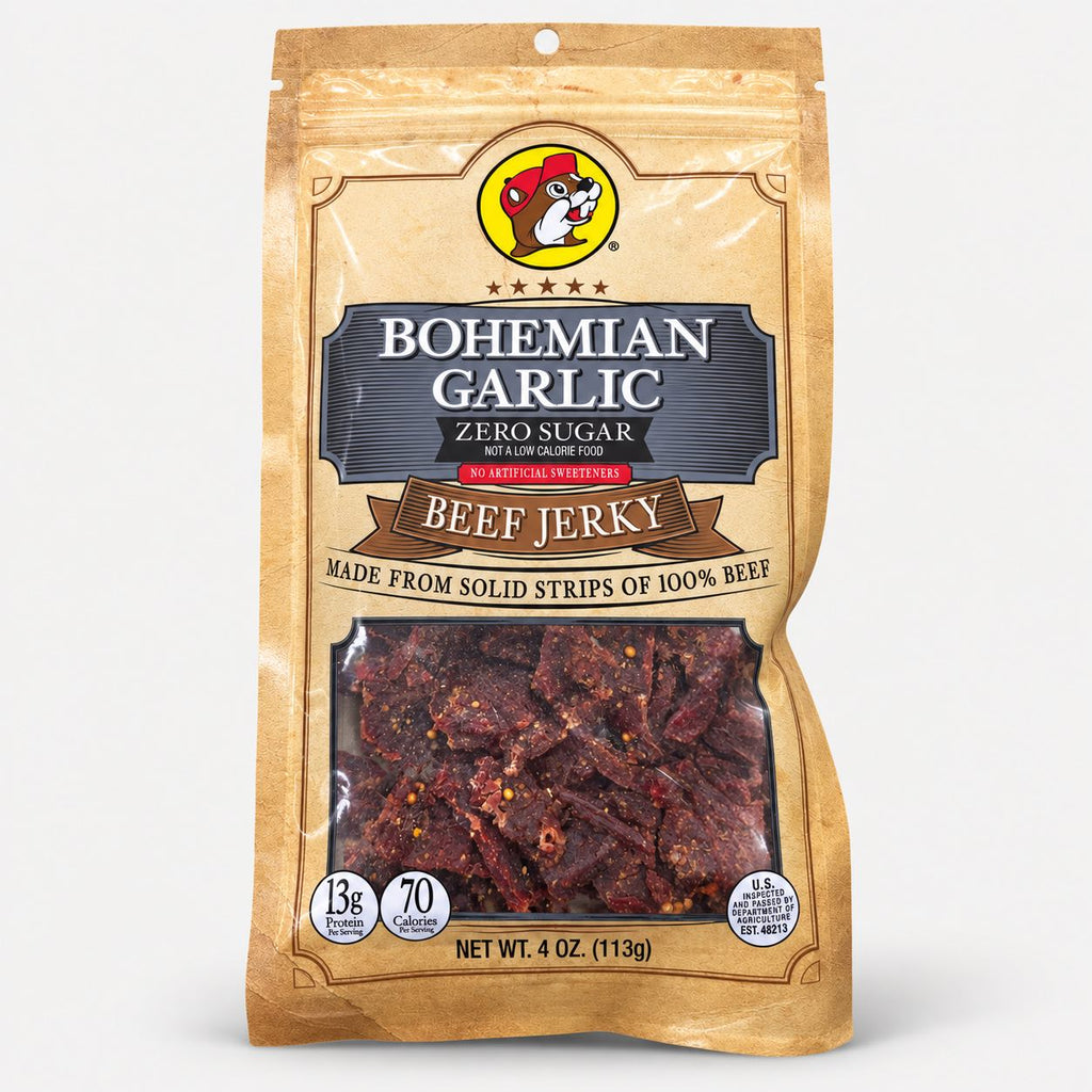 Buc-ee's Beef Jerky Bohemian Garlic Zero Sugar 4 oz bag front view