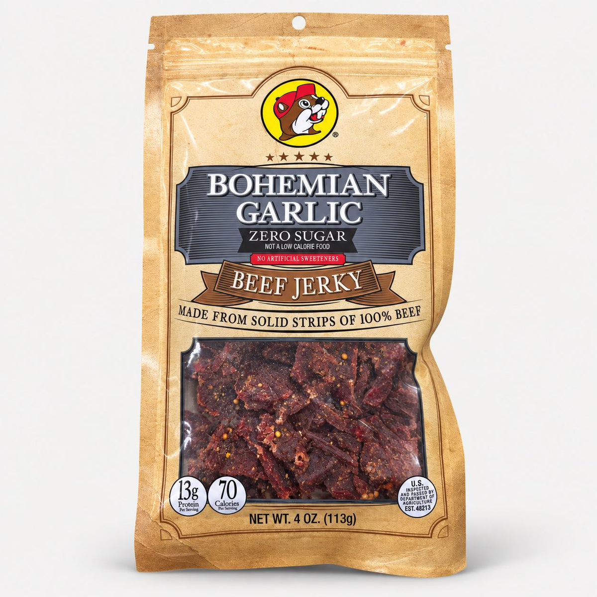 Buc-ee's Beef Jerky Bohemian Garlic Zero Sugar 4 oz bag front view
