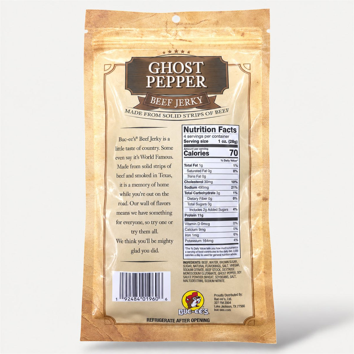 Buc-ee's Beef Jerky Ghost Pepper 4 oz bag back view