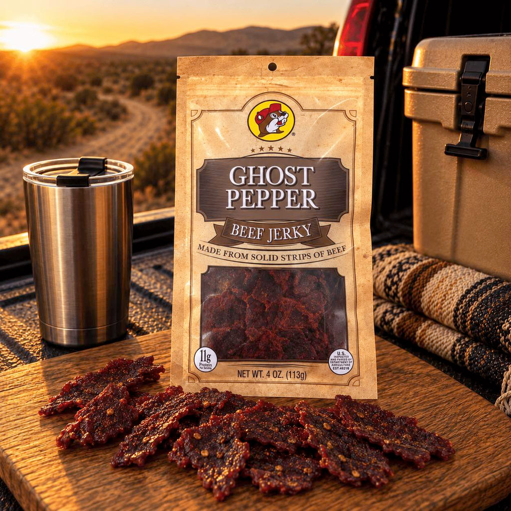 Buc-ee's Beef Jerky Ghost Pepper 4 oz bag displayed on a wooden board in an outdoor setting
