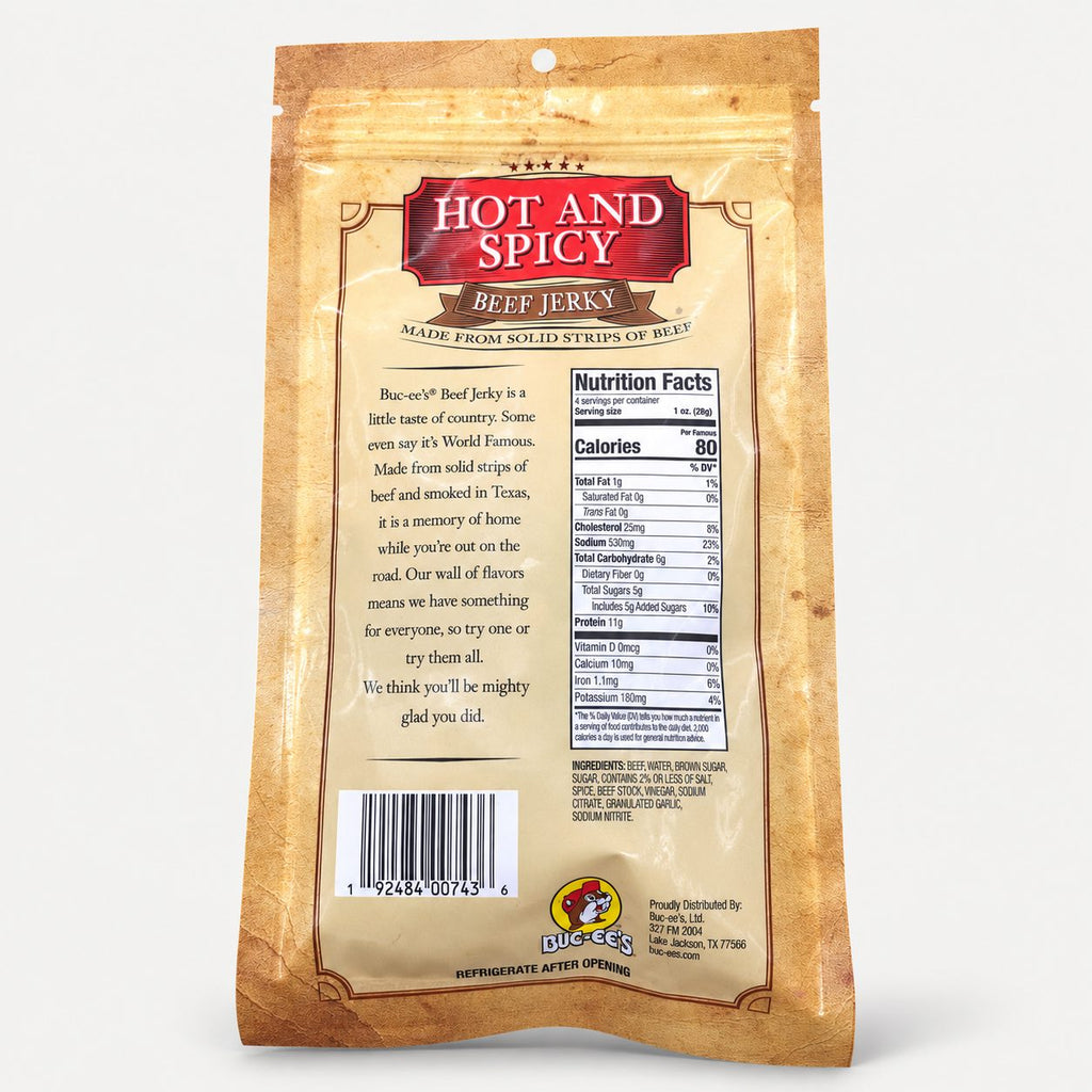 Buc-ee's Beef Jerky Hot & Spicy 4 oz bag back with nutrition panel
