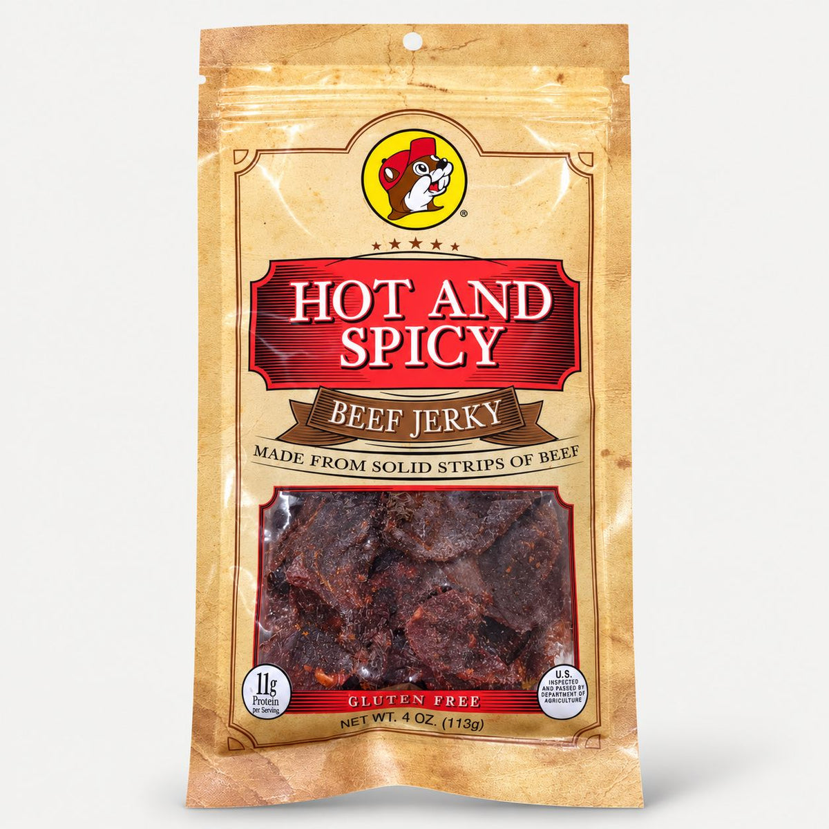 Buc-ee's Beef Jerky Hot & Spicy 4 oz bag front view
