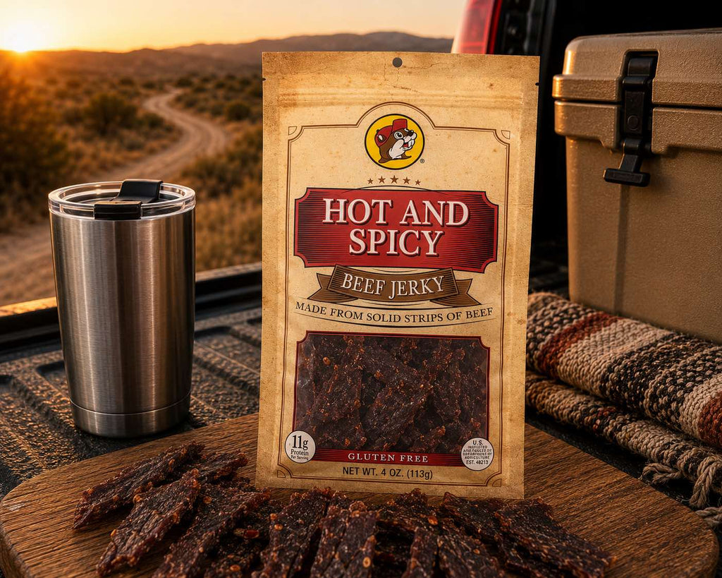 Buc-ee's Beef Jerky Hot & Spicy 4 oz bag displayed on a wooden board in an outdoor setting

