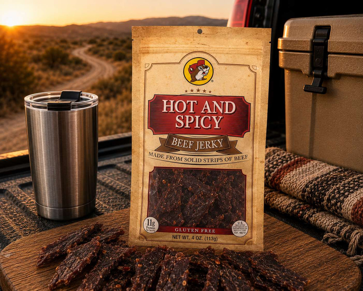 Buc-ee's Beef Jerky Hot & Spicy 4 oz bag displayed on a wooden board in an outdoor setting
