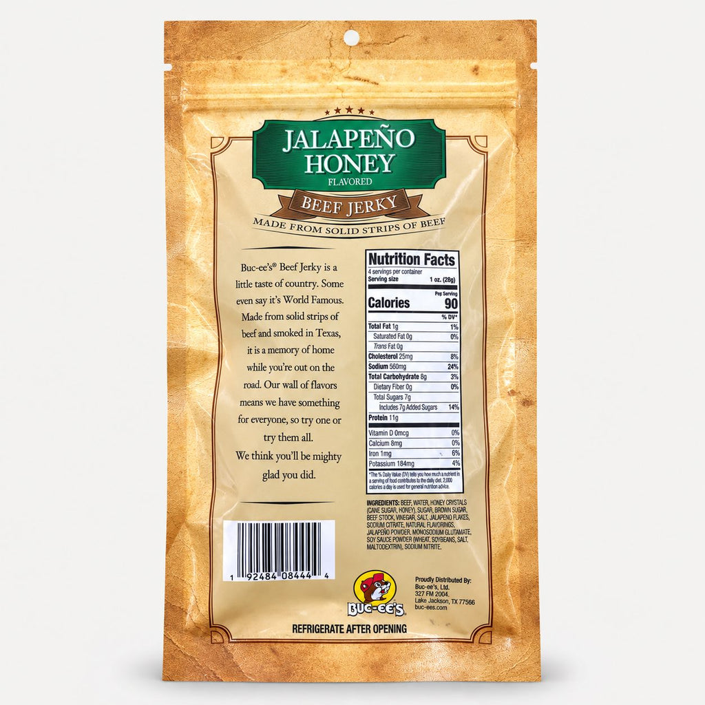 Buc-ee's Beef Jerky Jalapeño Honey 4 oz bag back with nutrition panel