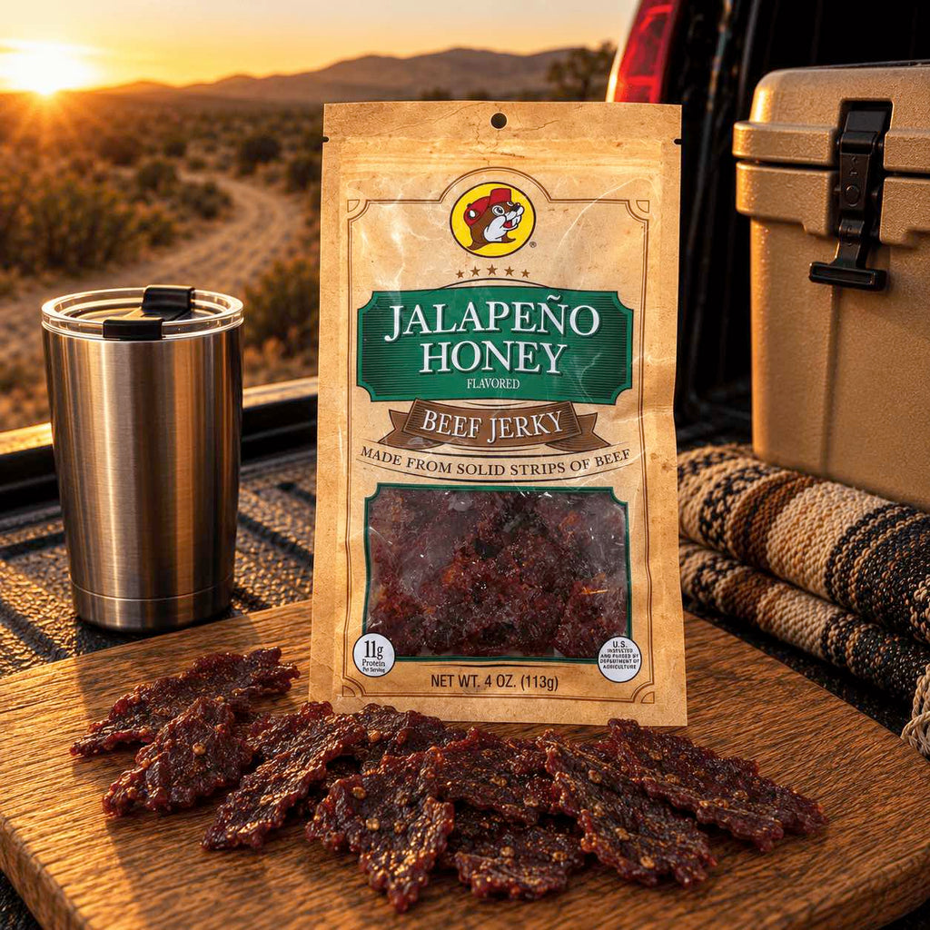 Buc-ee's Beef Jerky Jalapeño Honey 4 oz  bag displayed on a wooden board in an outdoor setting