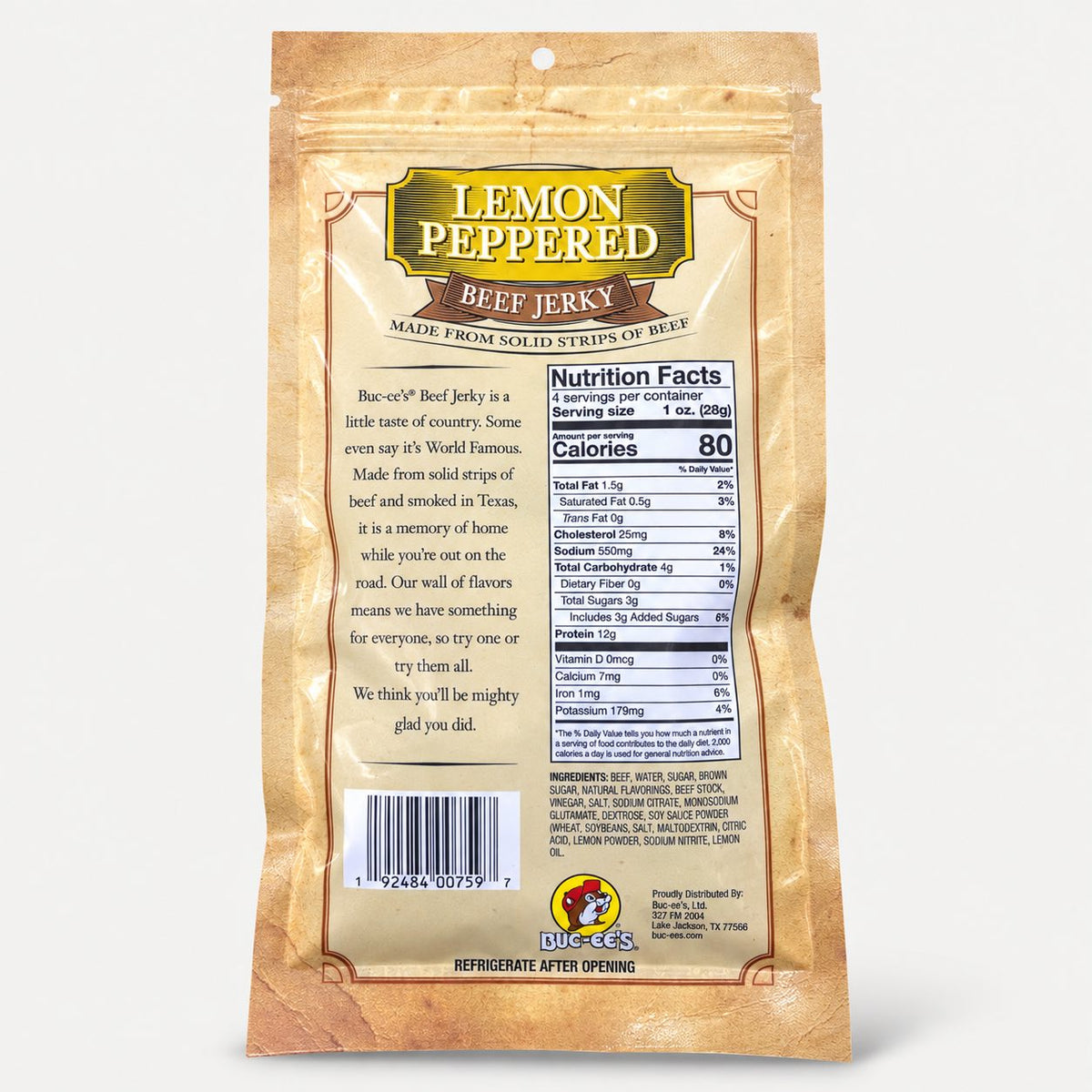 Buc-ee's Beef Jerky Lemon Peppered 4 oz bag back with nutrition panel

