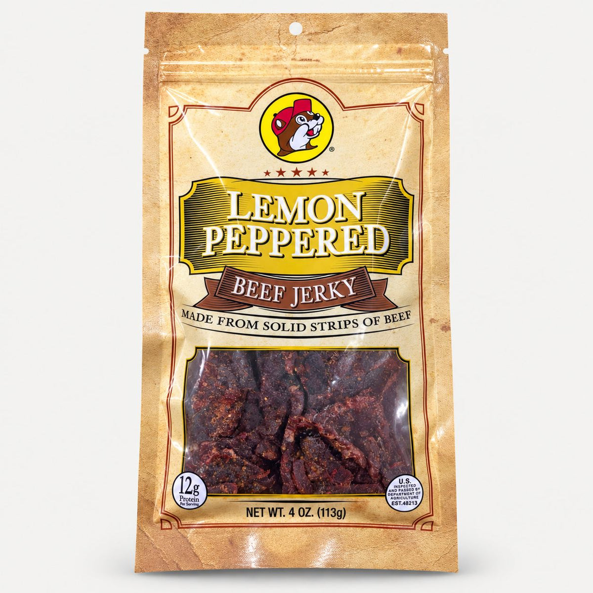 Buc-ee's Beef Jerky Lemon Peppered 4 oz bag front view
