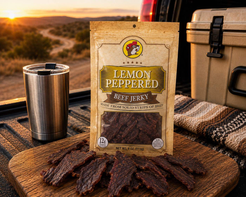 Buc-ee's Beef Jerky Lemon Peppered 4 oz bag displayed on a wooden board in an outdoor setting