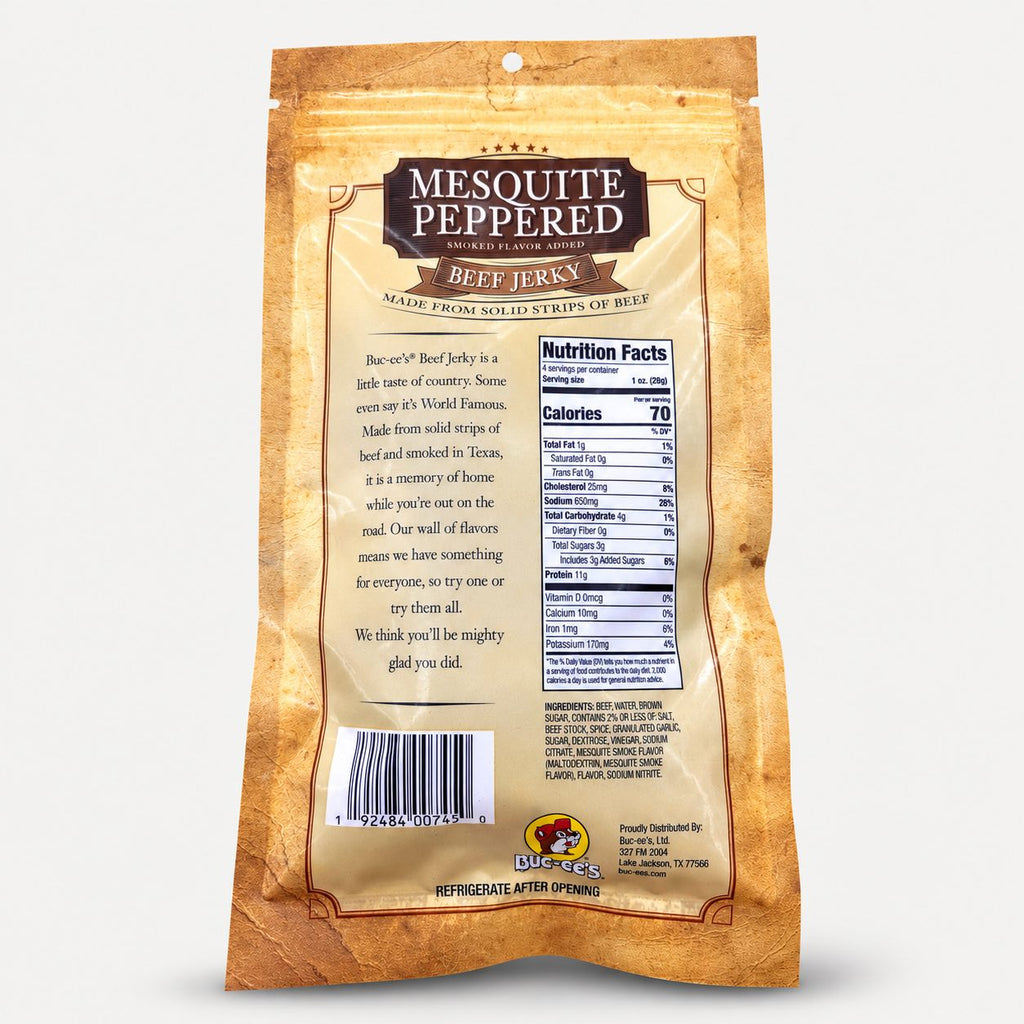 Buc-ee's Beef Jerky Mesquite Peppered 4 oz bag back with nutrition panel