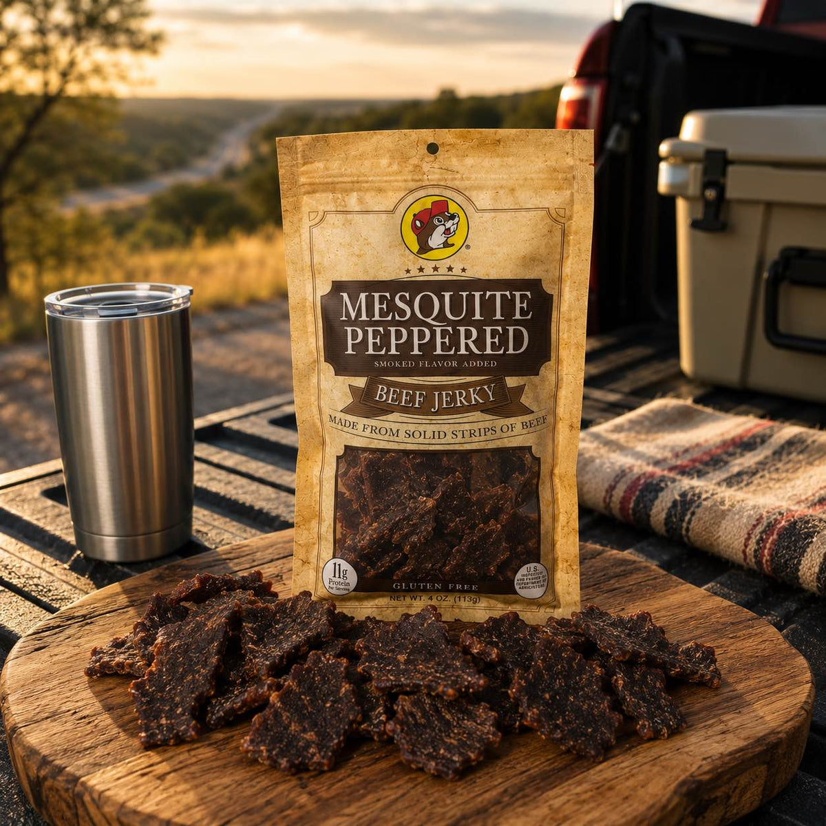 Buc-ee's Beef Jerky Mesquite Peppered 4 oz displayed on a wooden board in an outdoor setting