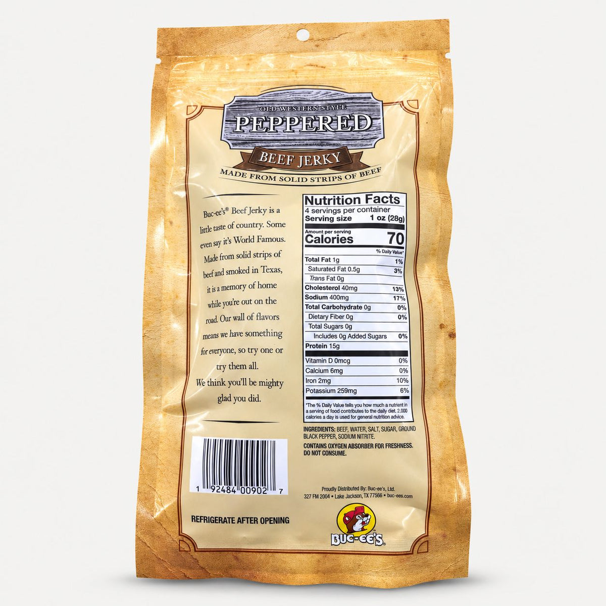 Buc-ee's Beef Jerky Old Western Peppered 4 oz bag back with nutrition panel
