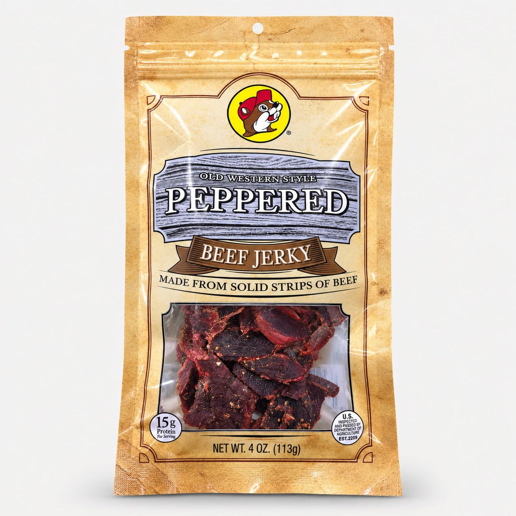 Buc-ee's Beef Jerky Old Western Peppered 4 oz bag front view

