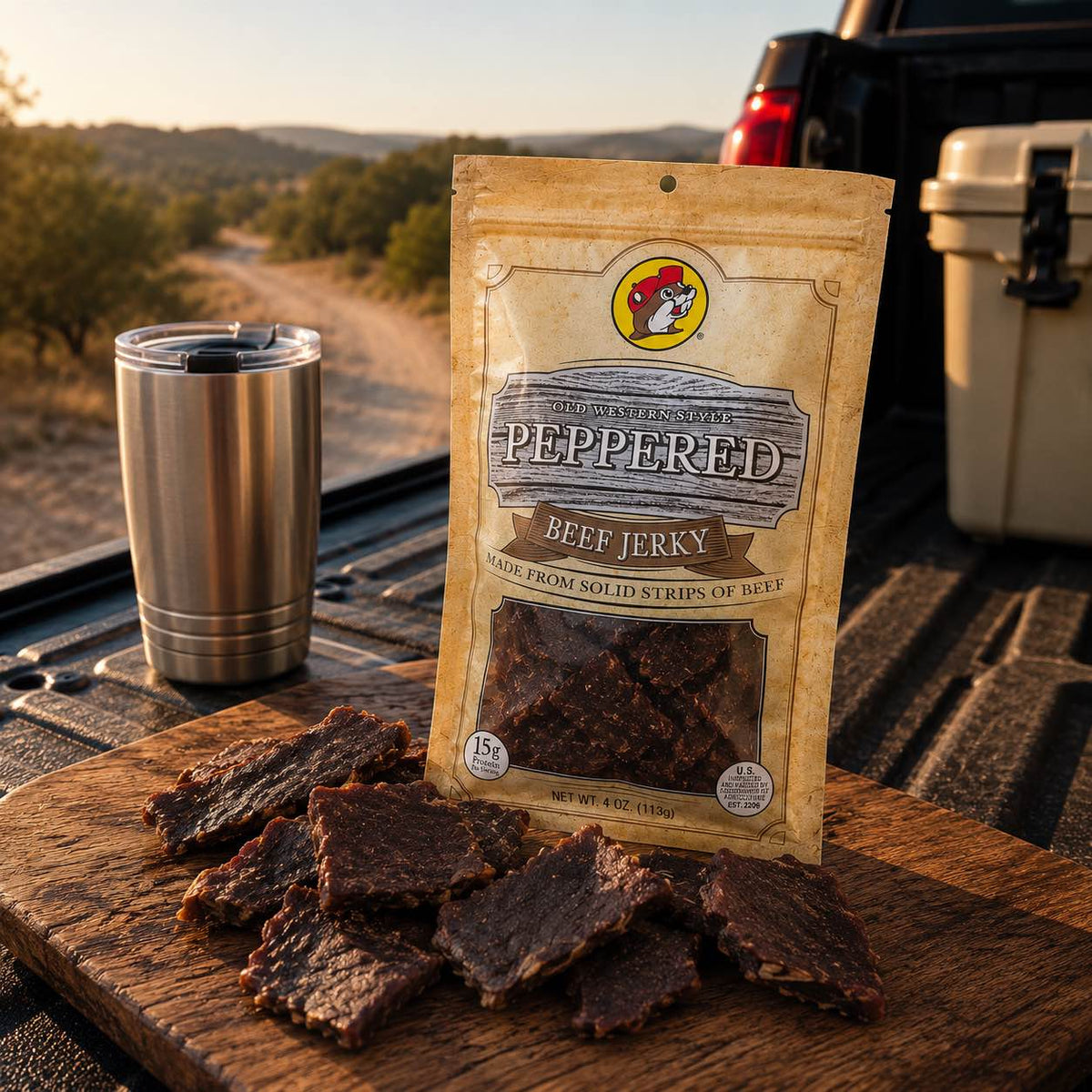 Buc-ee's Beef Jerky Old Western Peppered 4 oz displayed on a wooden board in an outdoor setting