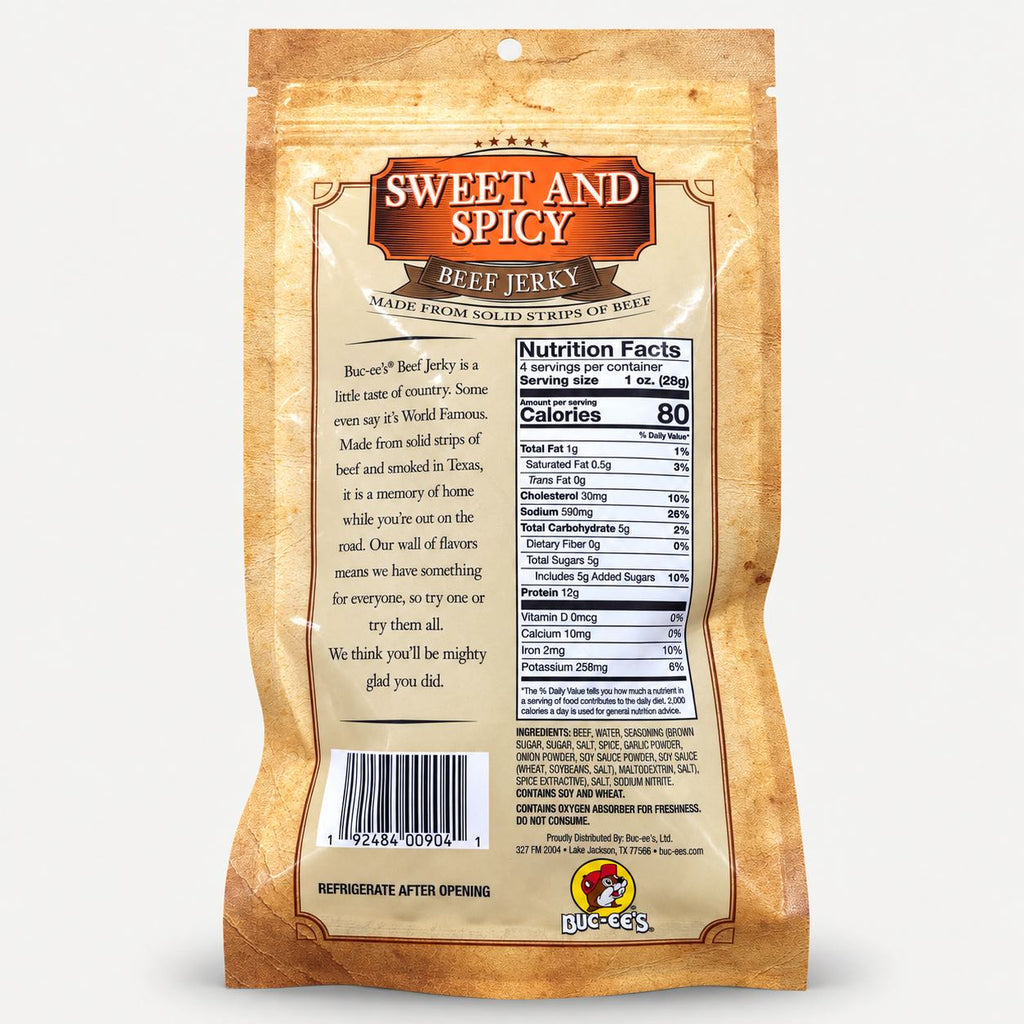 Buc-ee's Beef Jerky Sweet & Spicy 4 oz bag back with nutrition panel
