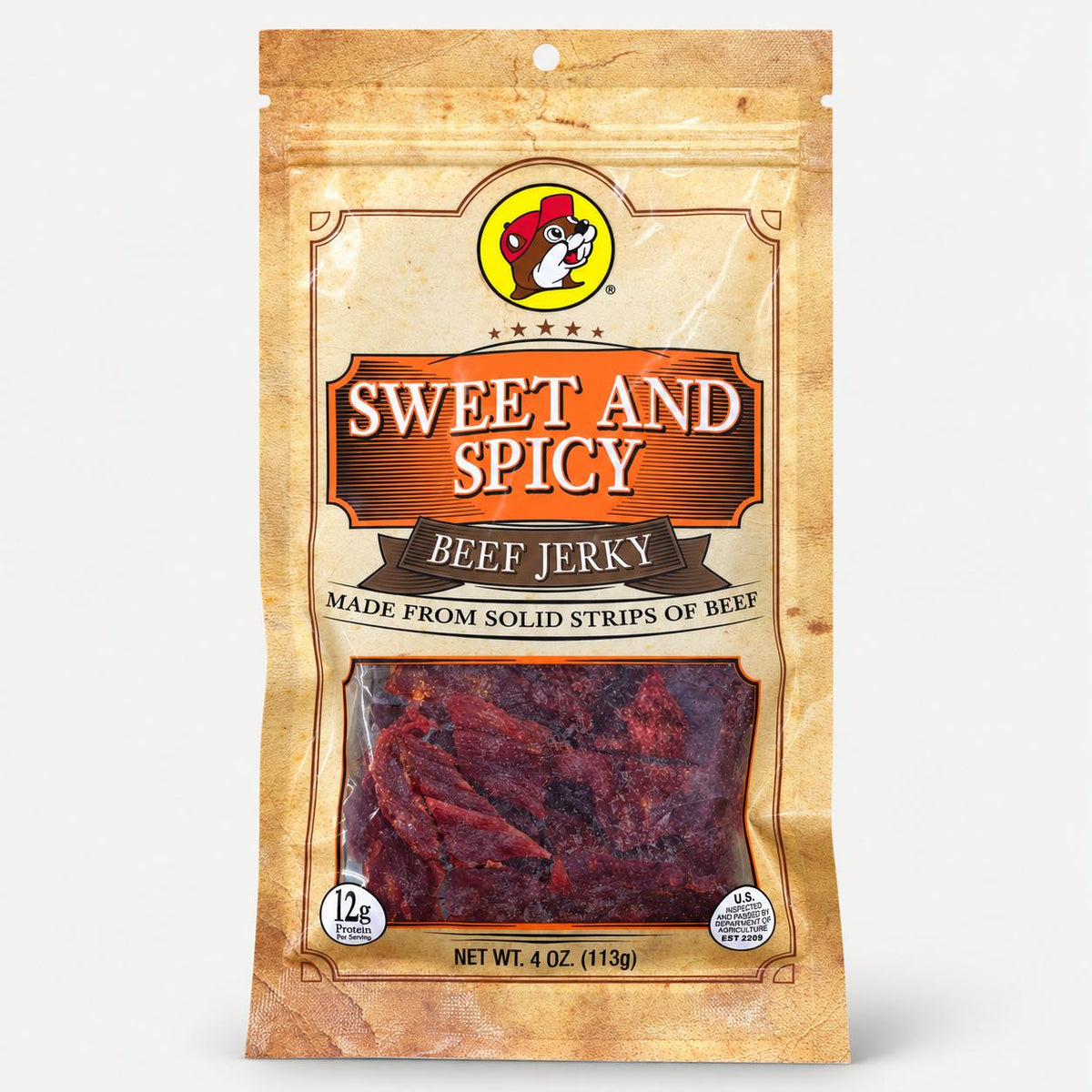Buc-ee's Beef Jerky Sweet & Spicy 4 oz bag front view