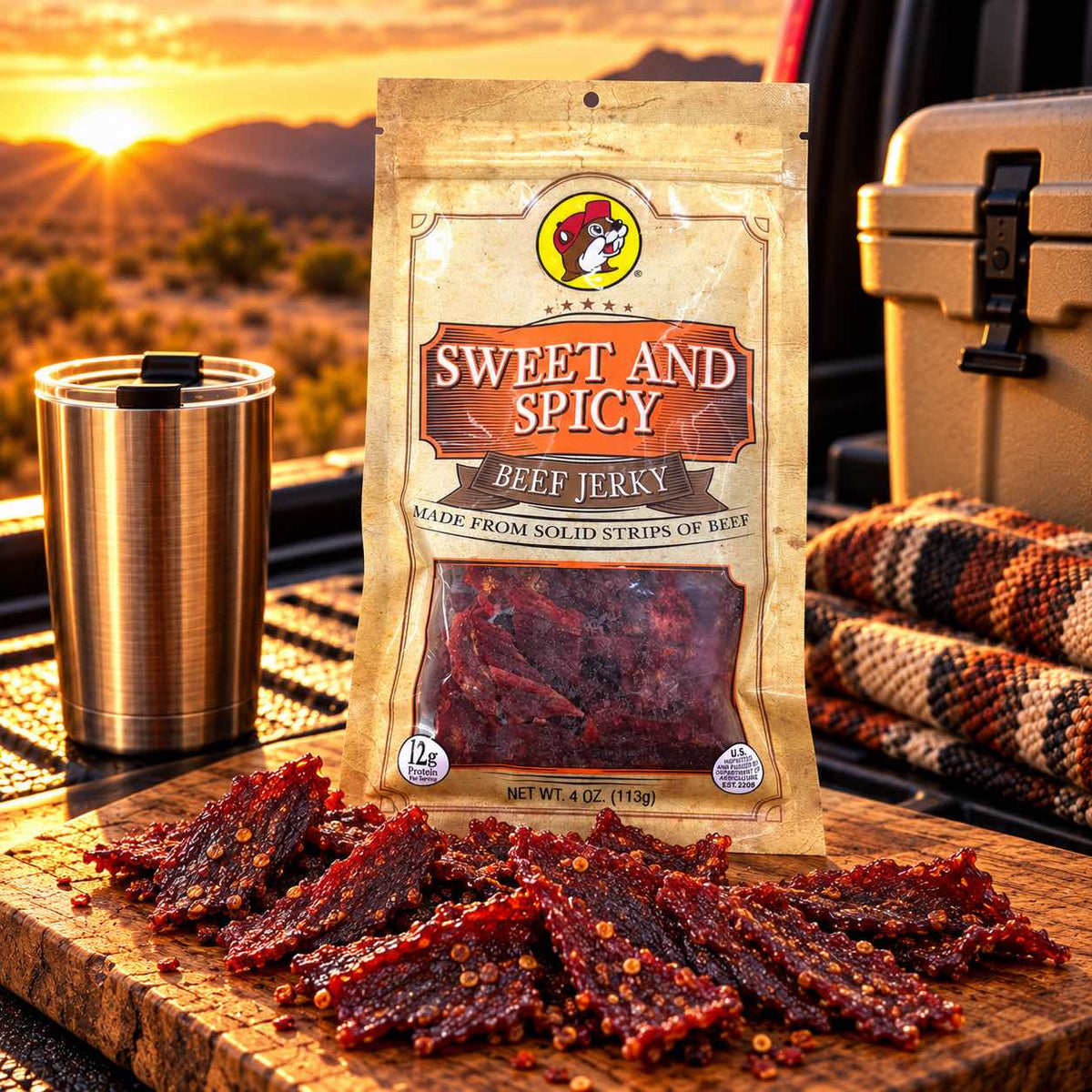 Buc-ee's Beef Jerky Sweet & Spicy 4 oz bag displayed on a wooden board in an outdoor setting
