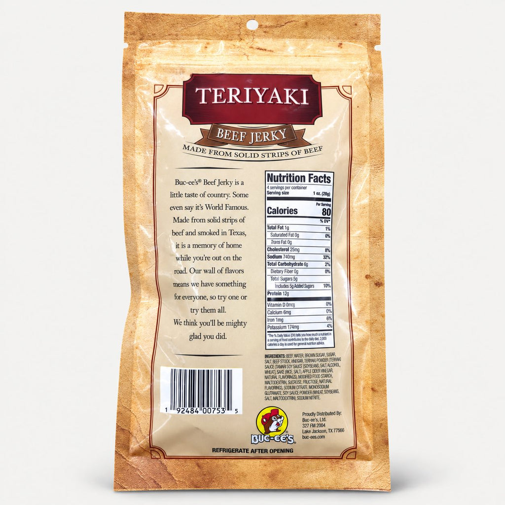 Buc-ee's Beef Jerky Teriyaki 4 oz bag back with nutrition panel