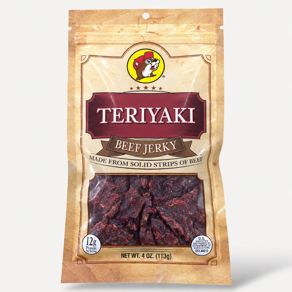 Buc-ee's Beef Jerky Teriyaki 4 oz bag front view