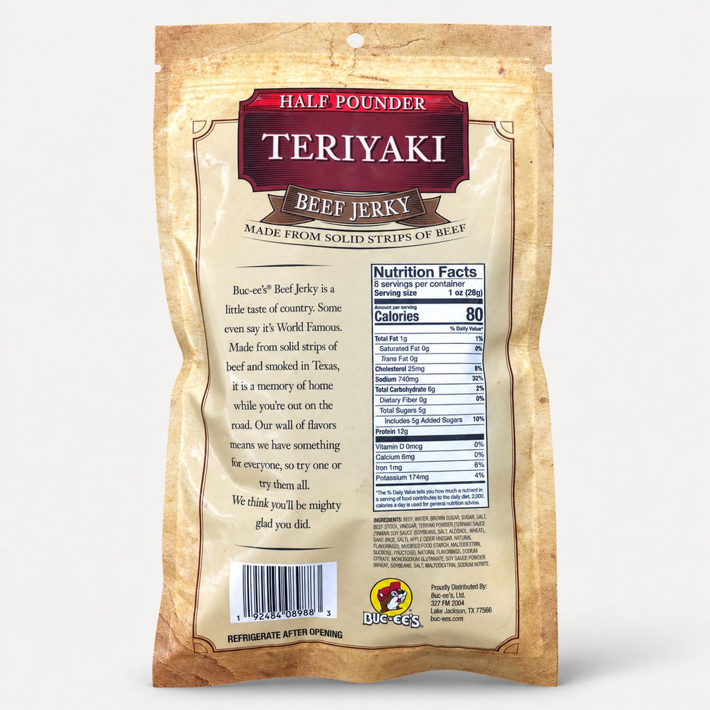 Buc-ee's Beef Jerky Teriyaki 8 oz Half Pounder bag back with nutrition panel