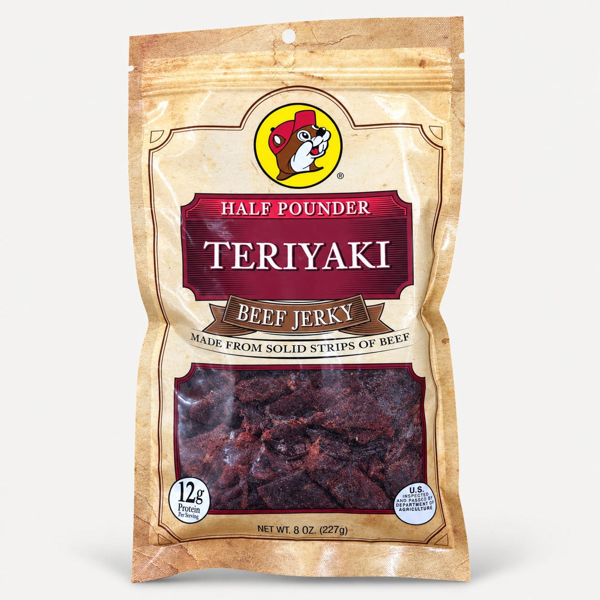 Buc-ee's Beef Jerky Teriyaki 8 oz Half Pounder bag front view