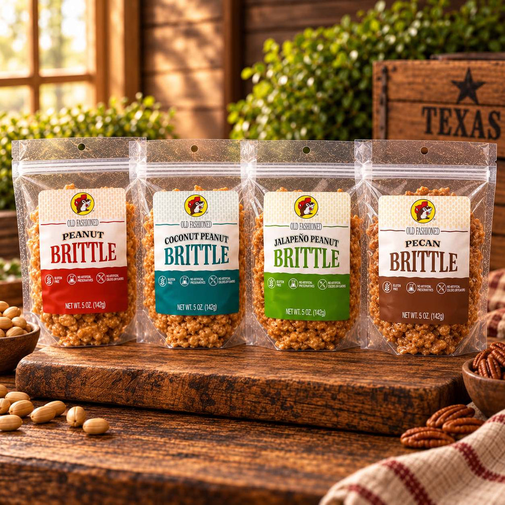 Buc-ee's Brittle flavor lineup group shot displayed on a wooden board in a kitchen setting