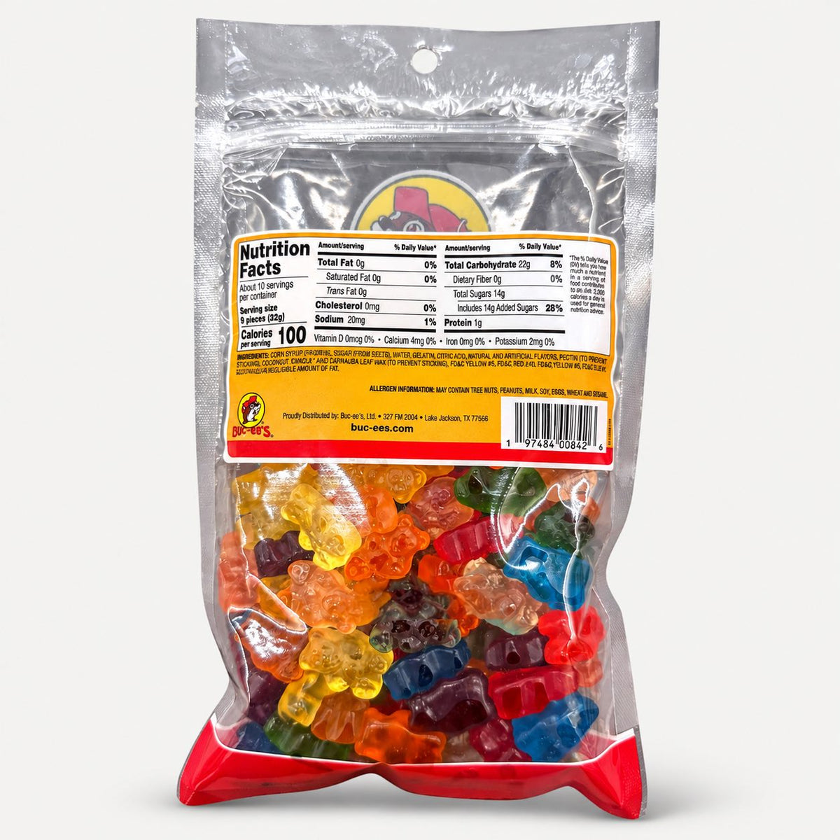 Buc-ee's 12 Flavor Gummi Bears bag back with nutrition panel