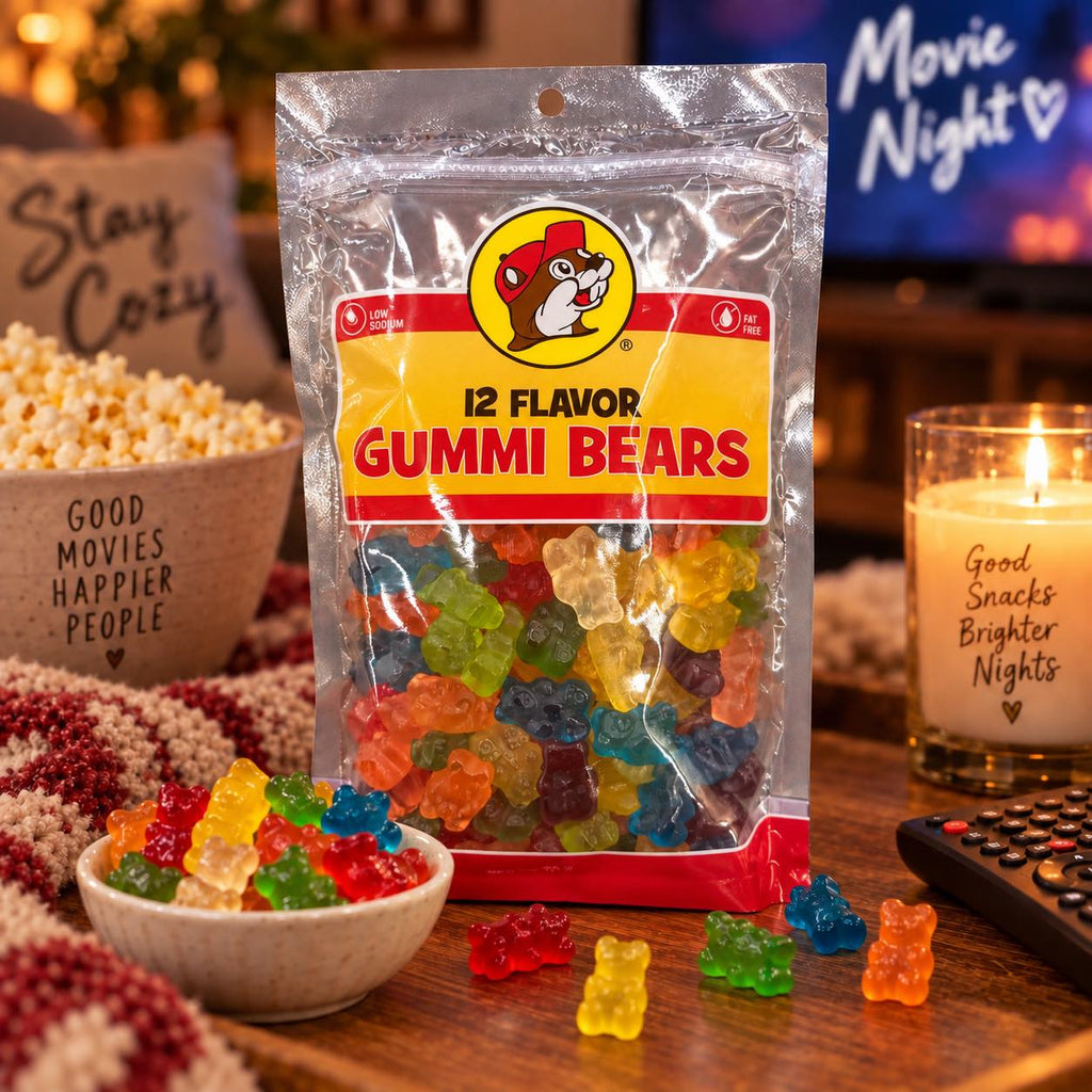 Buc-ee's 12 Flavor Gummi Bears shown in living room lifestyle setting
