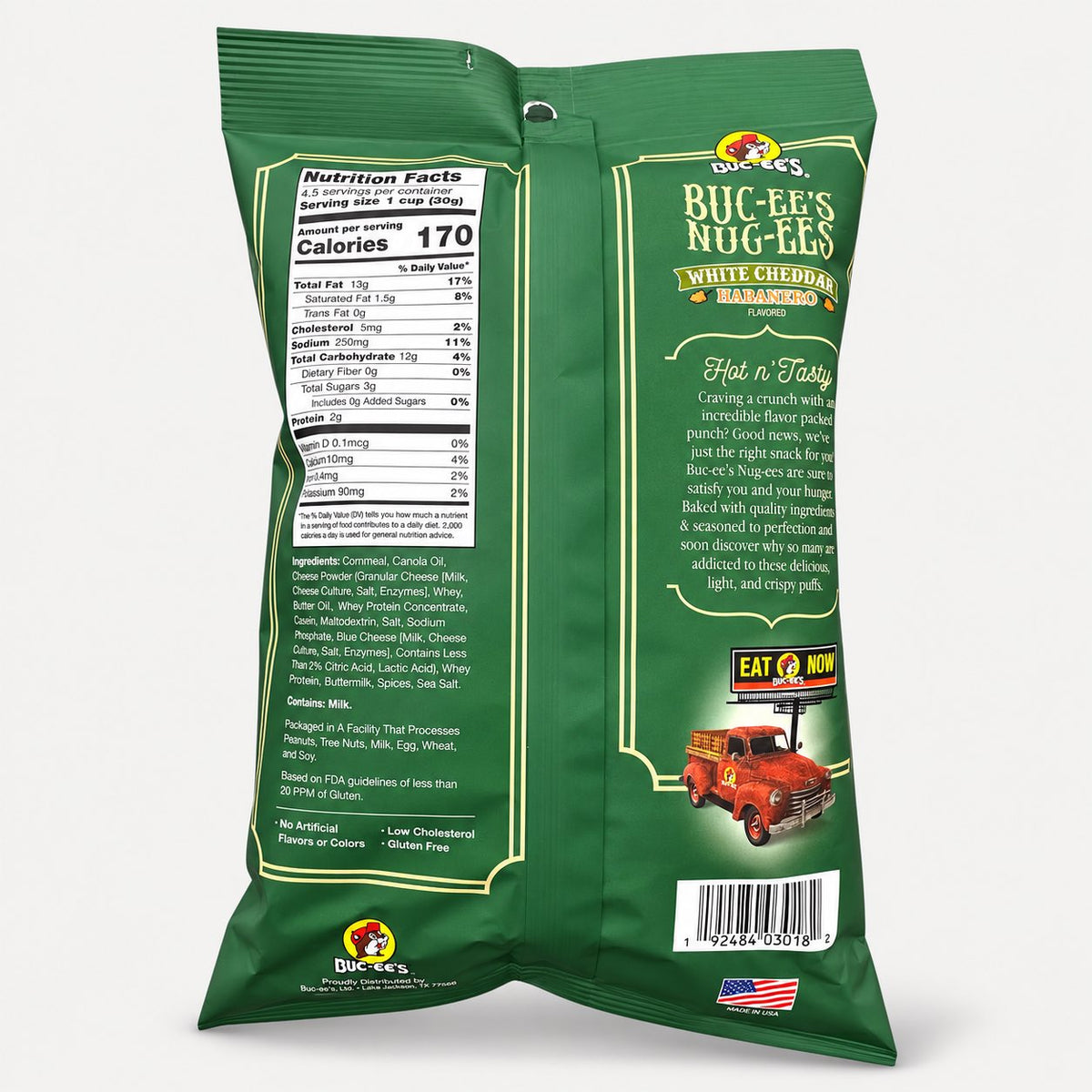 Buc-ee's Nug-ees White Cheddar Habanero bag back with nutrition panel