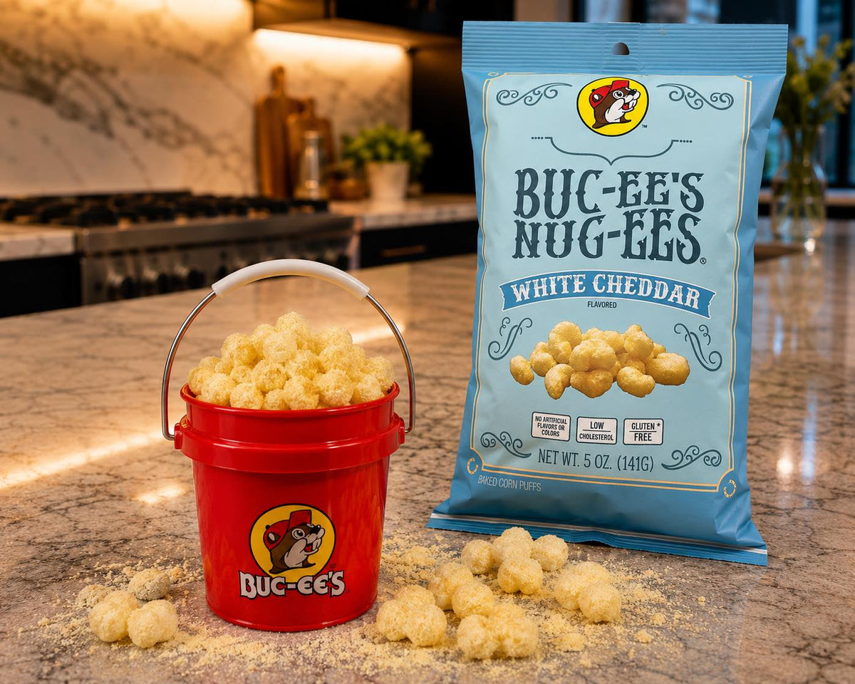 Buc-ee's Nug-ees White Cheddar shown in a kitchen setting