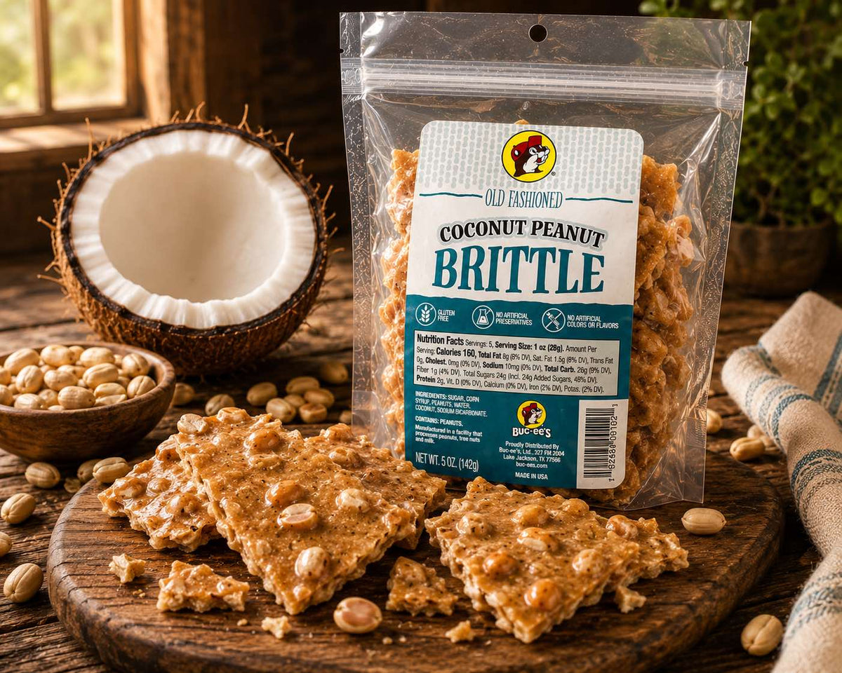 Buc-ee's Coconut Peanut Brittle displayed on a wooden board in a kitchen setting
