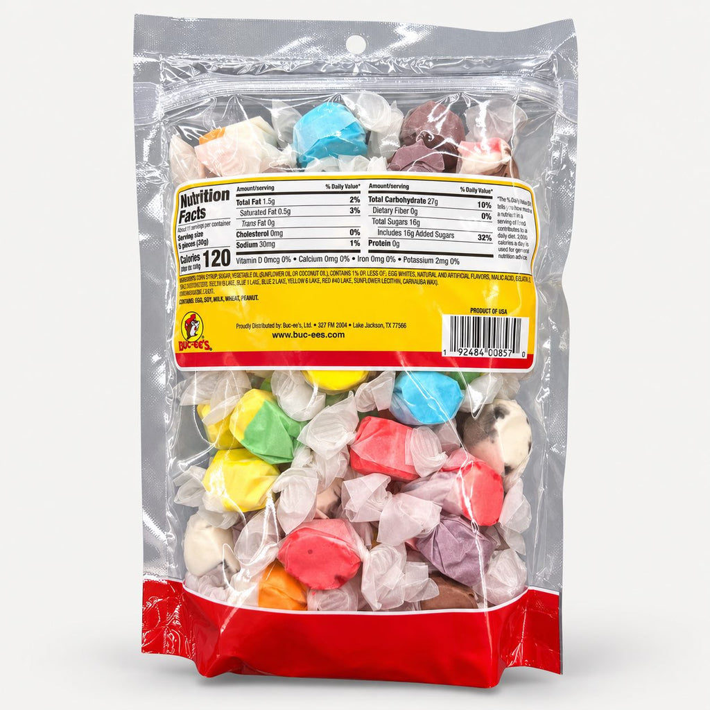 Buc-ee's Assorted Salt Water Taffy bag back with nutrition panel
