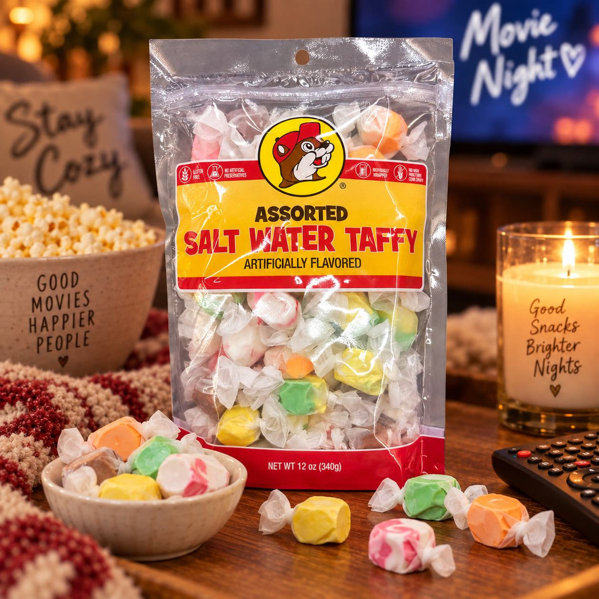 Buc-ee's Assorted Salt Water Taffy shown in living room lifestyle setting
