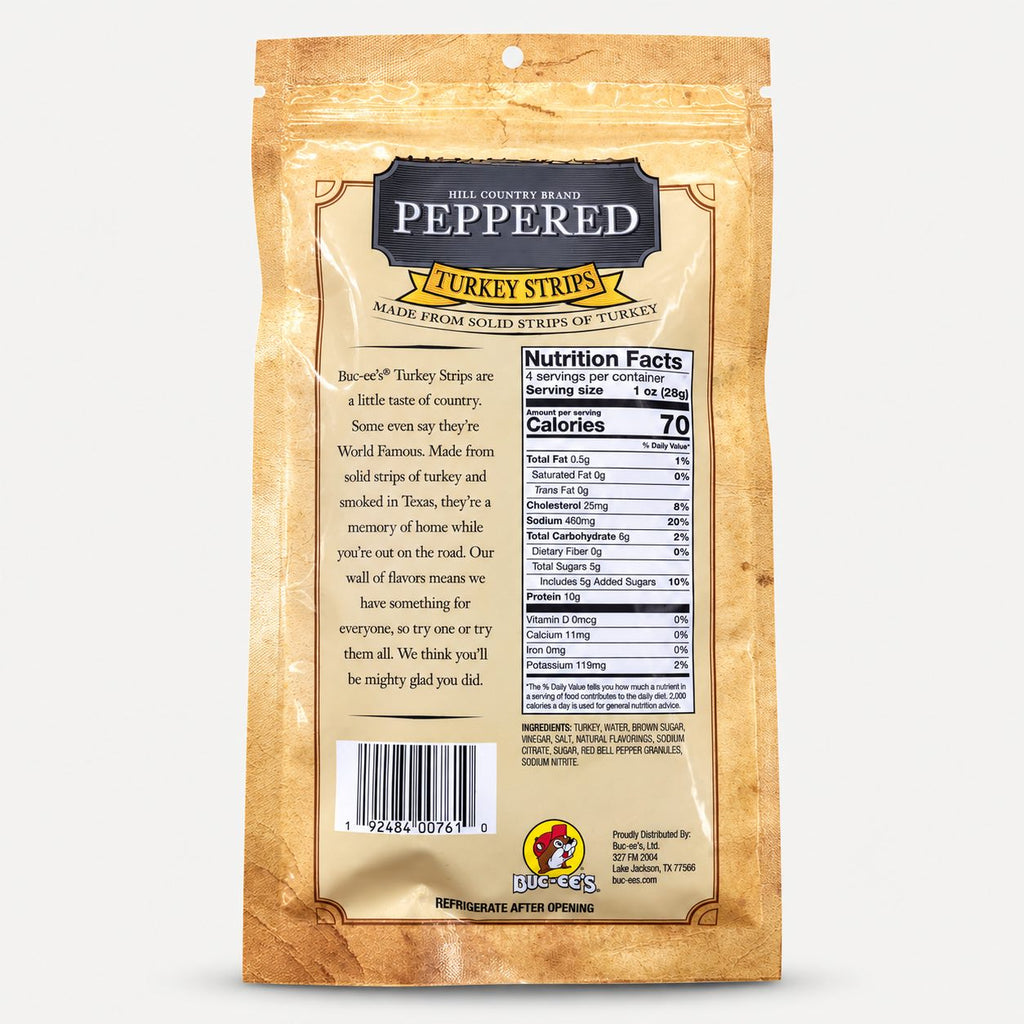 Buc-ee's Peppered Turkey Strips 4 oz bag back with nutrition panel