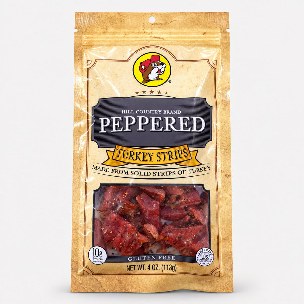 Buc-ee's Peppered Turkey Strips 4 oz bag front view
